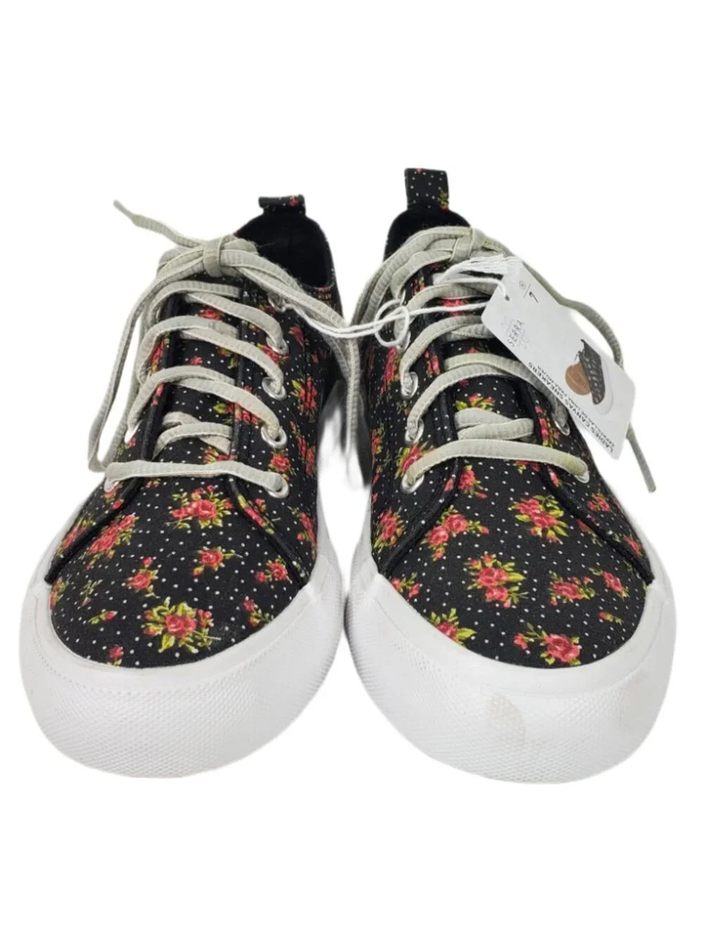 Serra Ladies Black Canvas Sneakers w/ Pink Floral Pattern Polka Dots Size 7 NWT